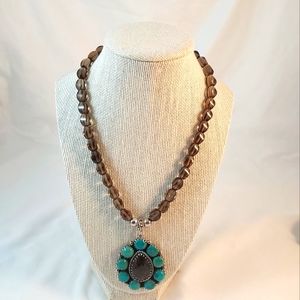 Smoked quartz with turquoise & quartz pendant